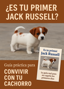 Cachorro Jack Russell blanco y marrón con portada de la guía, Guía para convivir con tu primer Jack Russell