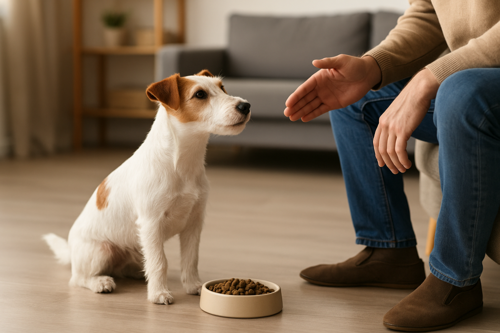 alt="Jack Russell Terrier de pelo broken línea australiana comiendo pienso en casa mientras mira a su dueño"