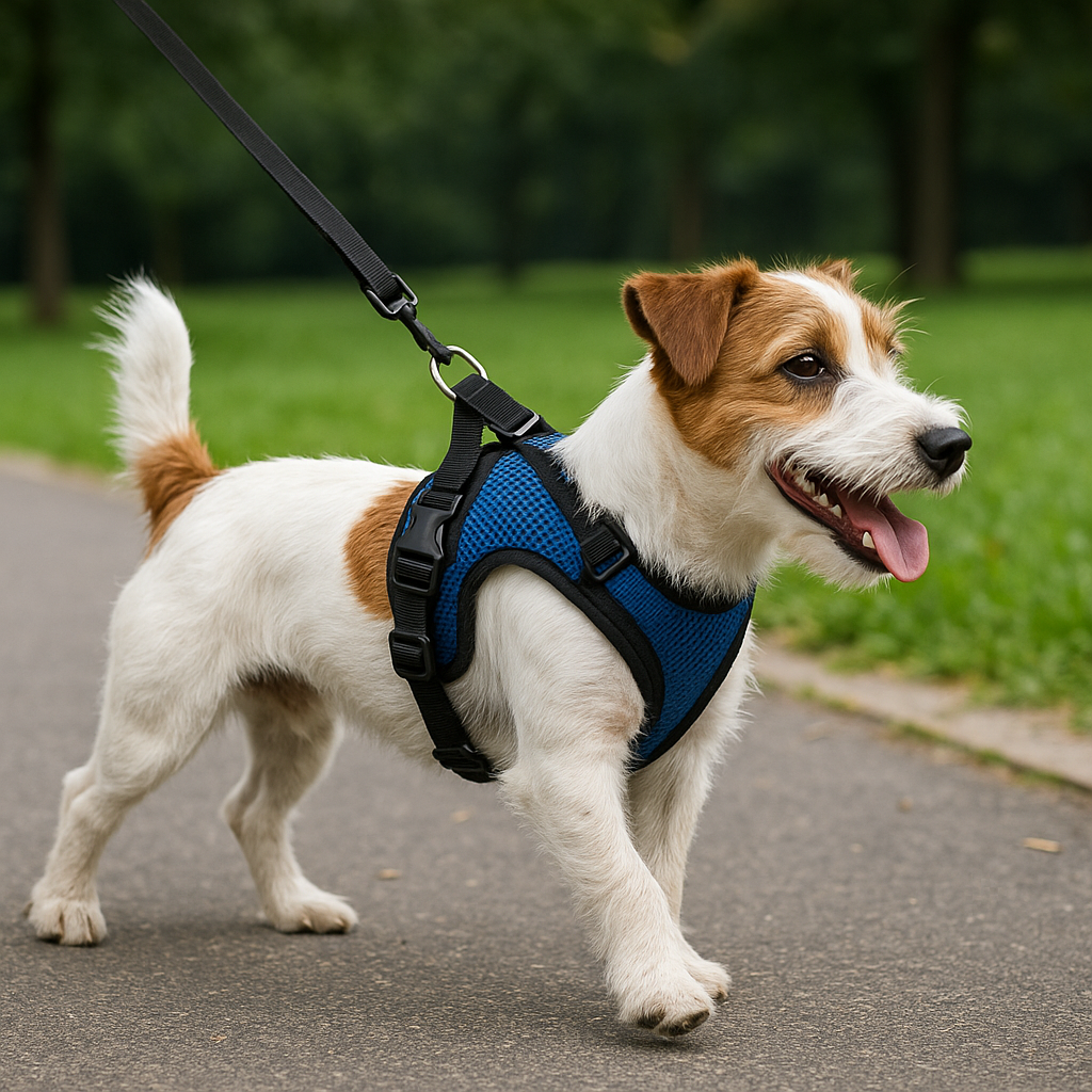 Jack Russell llevando un arnés