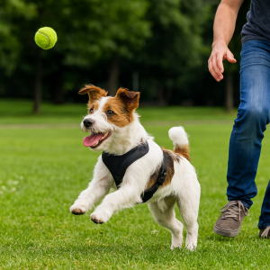 Jack Russell Terrier de pelo broken de línea australiana jugando feliz con su dueño en un parque mientras le lanza una pelota.