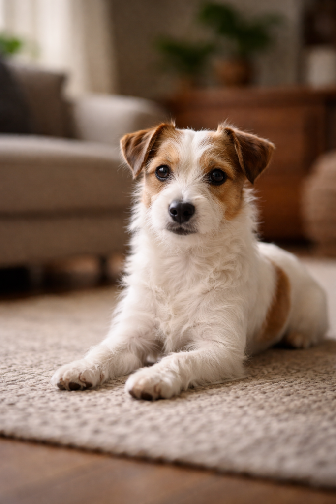 Jack Russell Terrier de pelo broken línea australiana relajado en casa