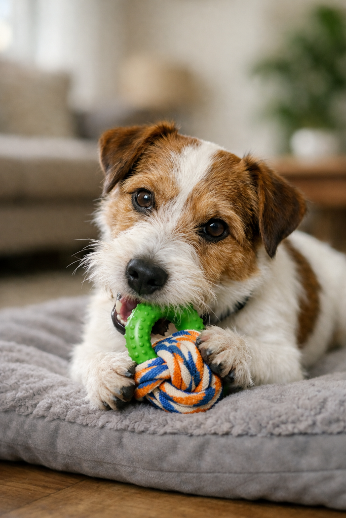 Jack Russell Terrier de pelo broken línea australiana mordiendo un juguete