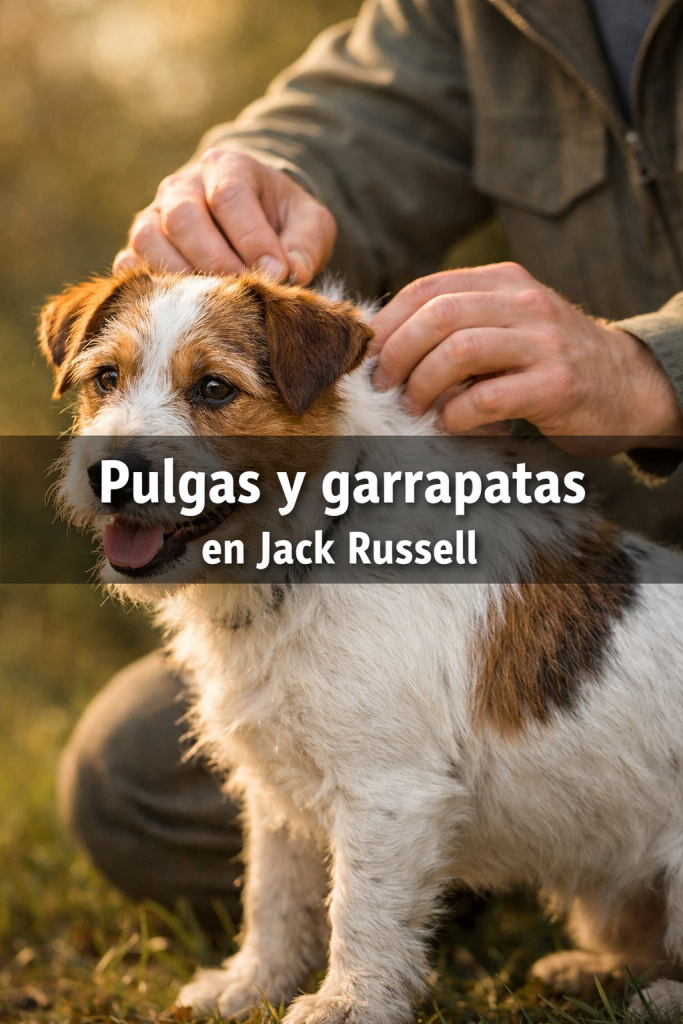 Jack Russell Terrier de pelo broken línea australiana siendo revisado por pulgas y garrapatas