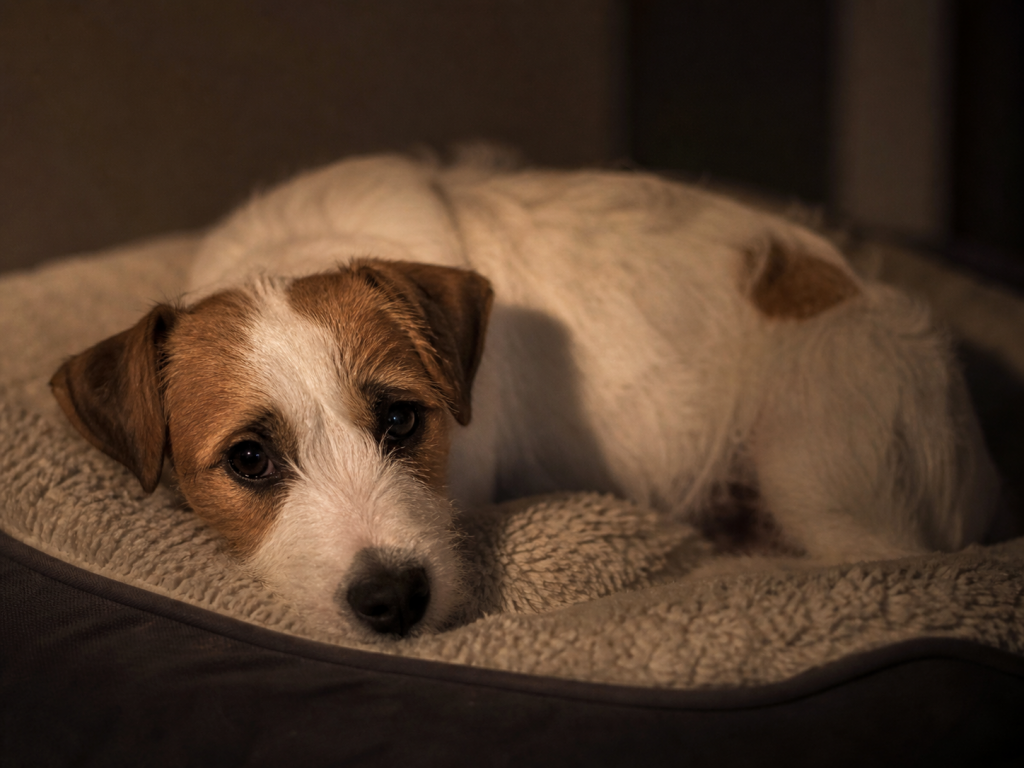 cachorro Jack Russell Terrier llorando por la noche en su cama