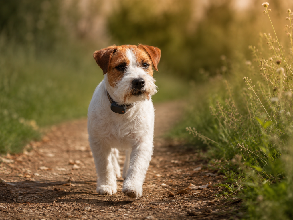 Jack Russell Terrier de pelo broken con GPS paseando por el campo