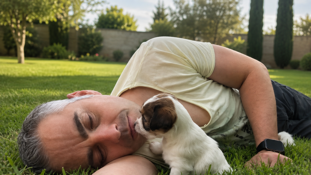 Cachorro Jack Russell Terrier con su criador en un entorno familiar durante la elección de un cachorro