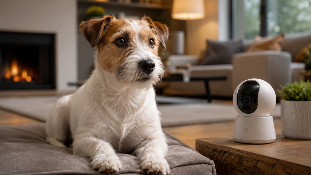Perro atento junto a una cámara inteligente de vigilancia para mascotas en casa