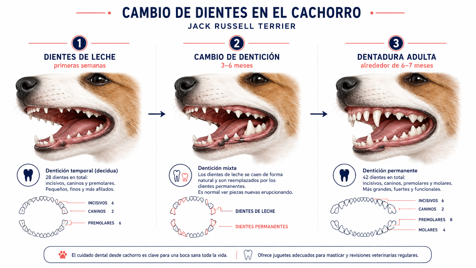 Cambio de dientes de un cachorro Jack Russell Terrier desde los dientes de leche hasta la dentadura adulta