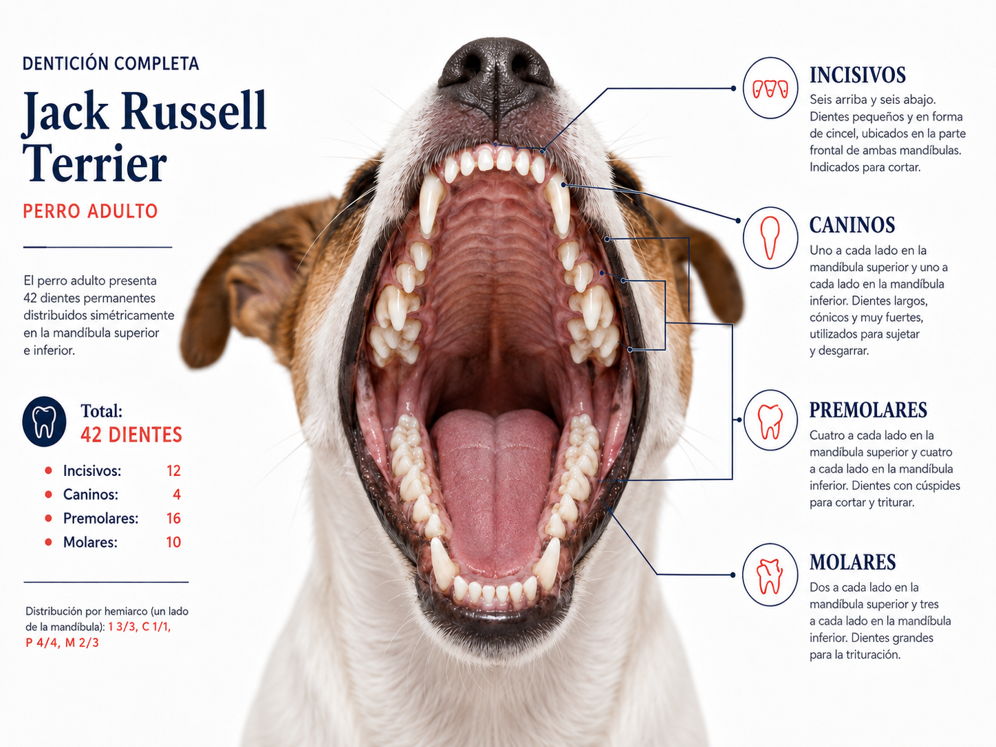 Dentadura completa de un Jack Russell Terrier adulto con incisivos, caninos, premolares y molares