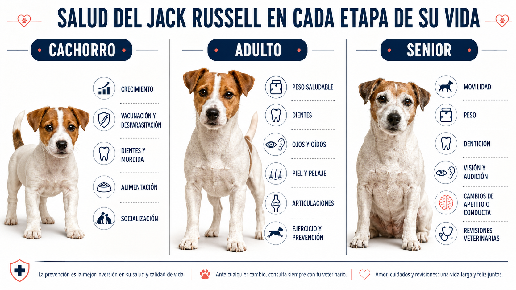 Cuidados de salud del Jack Russell Terrier cachorro, adulto y senior