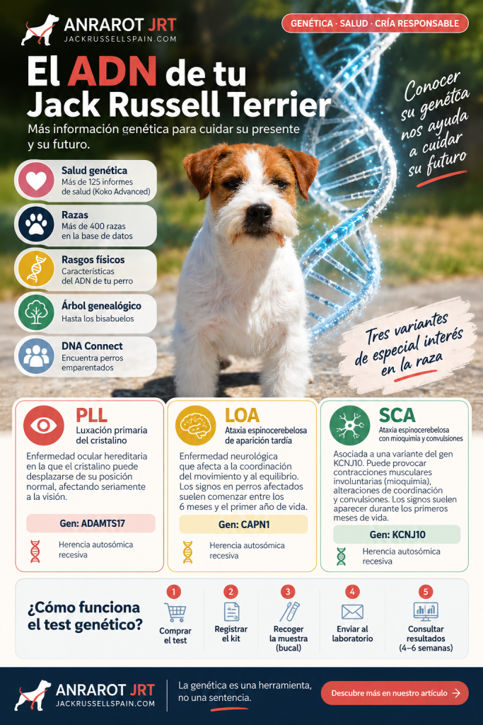 Infografía sobre test genético para Jack Russell Terrier con PLL, LOA y SCA